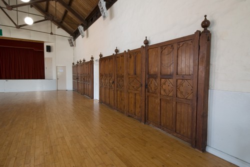 Pitch-pine screens for market trader stalls in Llanboidy Market Hall